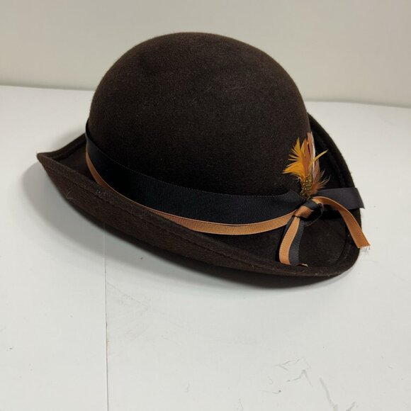 Vtg Lancaster Hat Brown Swagger Felt 100% Wool Slopping Brim Fedora Hat Feather main image 6